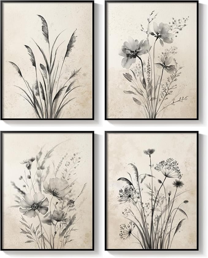 Framed Vintage Botanical Wall Art, 4 Piece Neutral Rustic Boho Floral Canvas Painting Prints for Modern Farmhouse, Black and White Flower Pictures for Living Room Bedroom Dining Room Wall Decor, 12x16