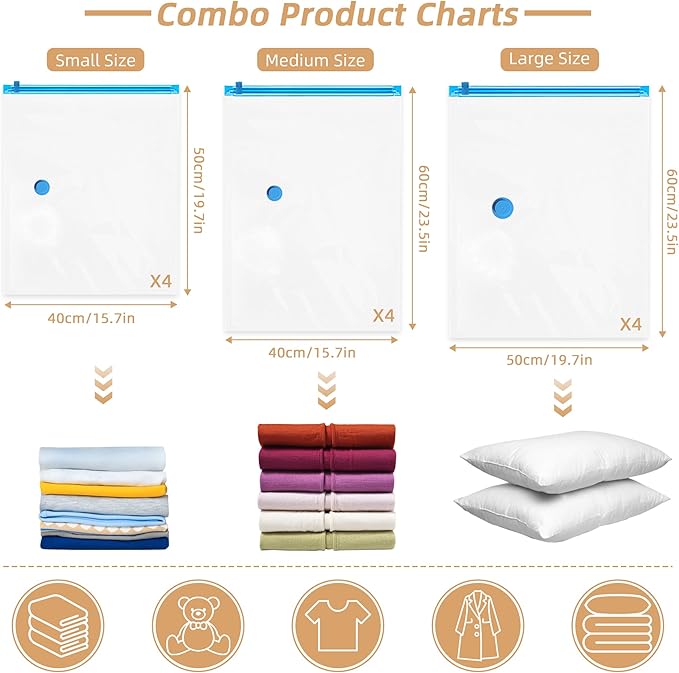 Travel Vacuum Bags with Rechargeable Pump,12 Pack Vacuum Storage Seal Bags for Clothing Suitcase Backpack, Space Saver Compression Clothes Storage Bag (12 Combo+ Electric Pump)