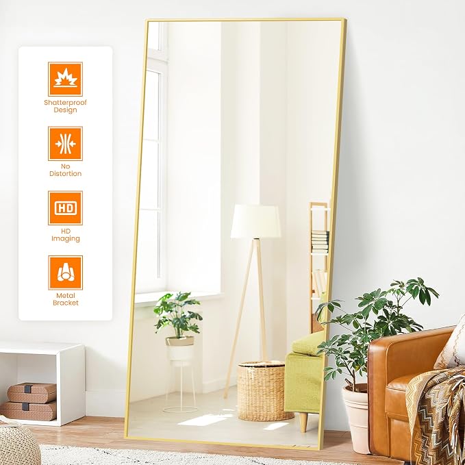 TRAHOME Full Length Mirror, 75"x35" Rectangle Standing Floor Full Body Mirror for Wall with Aluminum Alloy Frame for Bedroom, Living Room, Dressing Room(Gold)