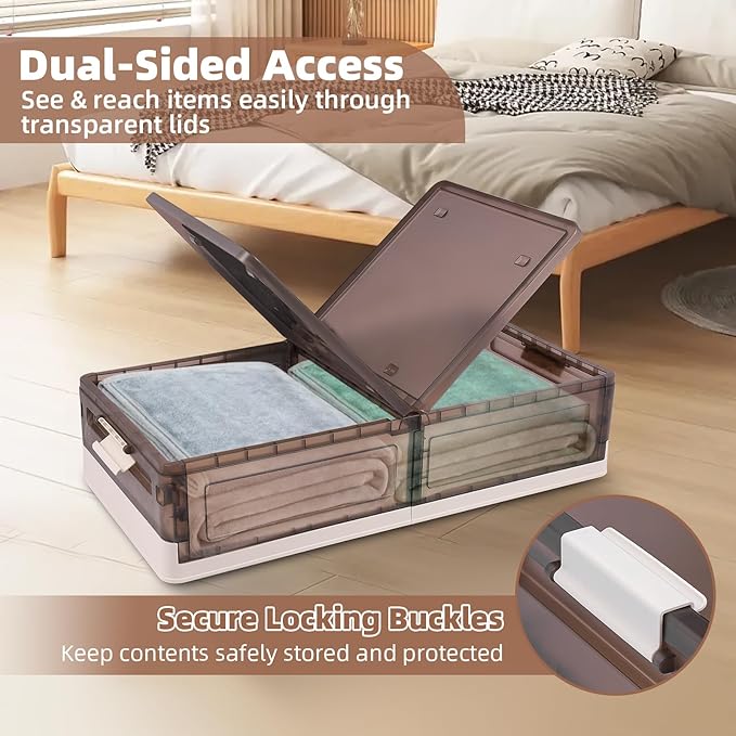 FAHKNS 2 Pack Under Bed Storage with Wheels, 15.2Gal Stackable Under Bed Storage Containers with Lids, Plastic Collapsible Organizer for Clothes and Shoes, Grey