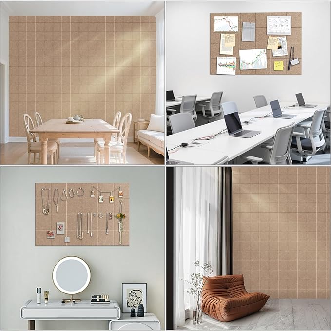 Large Felt Cork Board Alternative - 36" x 24" Bulletin Board with 30 Pushpins, 6 Pack Adhesive Cork Board, Sound Absorbing Fabric Wall Tiles, for Office Home Music Class, Dark Camel
