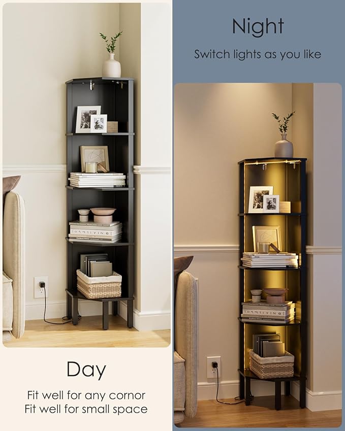 Corner Shelf Stand, 5 Tier Corner Bookshelf,Corner Furniture for Bedroom Display Corner Shelf for Small Space,Wood Shelves with Storage Rack for Living Room,Office,Black