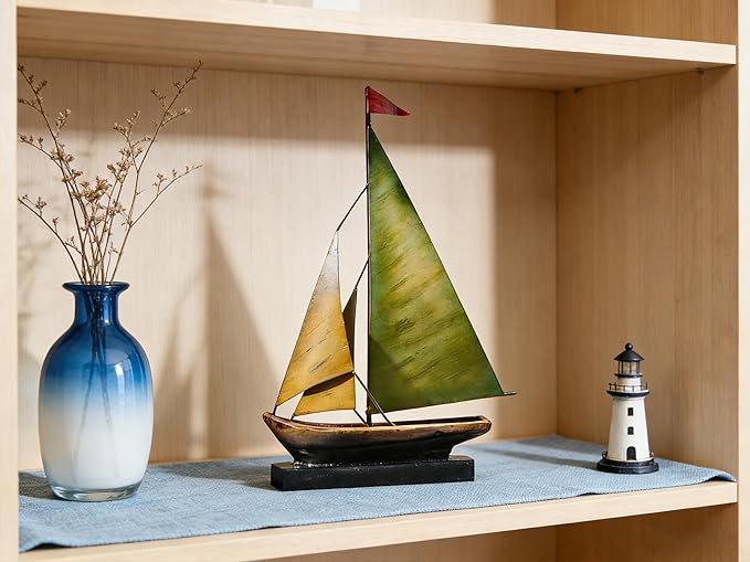 Retro Metal Sailboat Decor, Iron Nautical Sculpture for Home, Vintage Boat Figurine for Living Room Table, Office Desk, Bookshelf, Coastal Style Decoration (Green & Yellow)