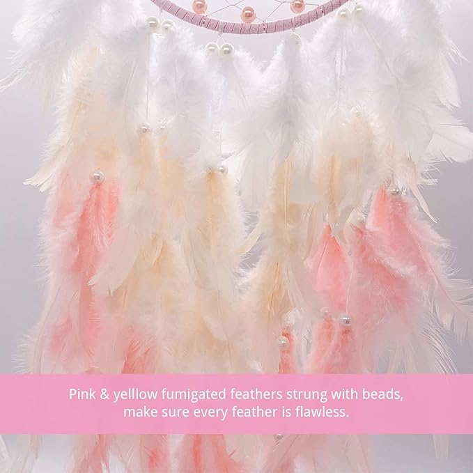 Dreamlike Tree of Life Dream Catcher Wall Decor Pink Dream Catcher with Healing Crystal Stone Handmade Feather Dreamcatchers Home Decor Wall Hanging for Girls Bedroom Living Room Wedding Party-25.6"