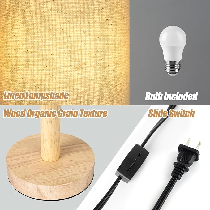 LALISU Small Table Lamp for Bedroom, Nightstand Lamp Linen Lampshade Bedroom Wood Base Small Bedside Lamp for Night Stands, Desk Lamps for Reading Living Room, Office (LED Bulb Included) (Wood Base)