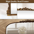 Wall Beaded Mirror, 44 x 32 Inch Round Top Right Angle Wall Mirror, Tempered Glass, Rust Resistant, Horizontally or Vertically Hanging, Gold