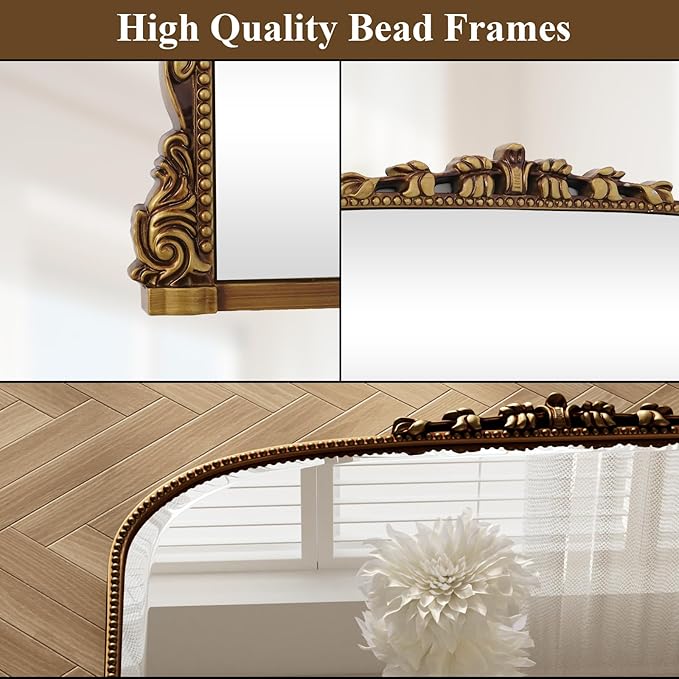 Wall Beaded Mirror, 44 x 32 Inch Round Top Right Angle Wall Mirror, Tempered Glass, Rust Resistant, Horizontally or Vertically Hanging, Gold