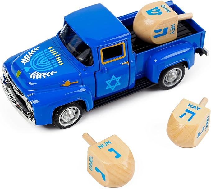 Hanukkah Home Decor, Mini Metal Hanukkah Truck with Wood Dreidel Decor - Festive Jewish Holiday Decor for Tabletop, Hanukkah Gift for Jewish