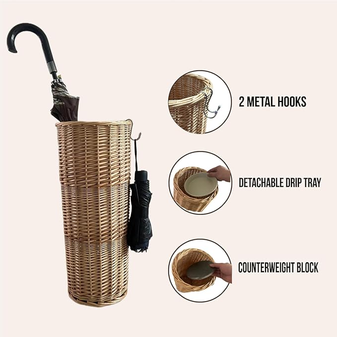 Natural Rattan Umbrella Stand for Entryway, 21.2H x 9.4L x 9.4W, Detachable Drip Tray & 2 Metal Hooks – Storage for Umbrellas, Canes & Walking Sticks, Stylish Home Decor