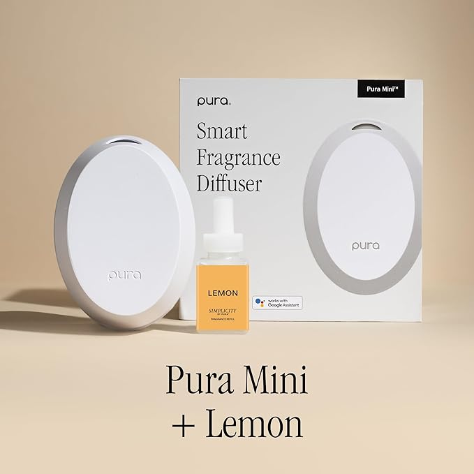 Pura Home Mini Fragrance Diffuser for Small Spaces Adjustable Smart Home Device with LED Light & Automatic Vial Detection - Includes 1 Scent Refill - Lemon