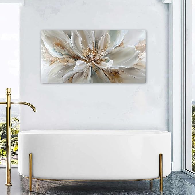 Flower Wall Art Vintage White Floral Canvas Pictures Abstract Blooming Flower Prints Painting Large Abstract Botanical Blossom Wall Decor Elegant Artwork for Bedroom Living Room Home Decoration 24x48"