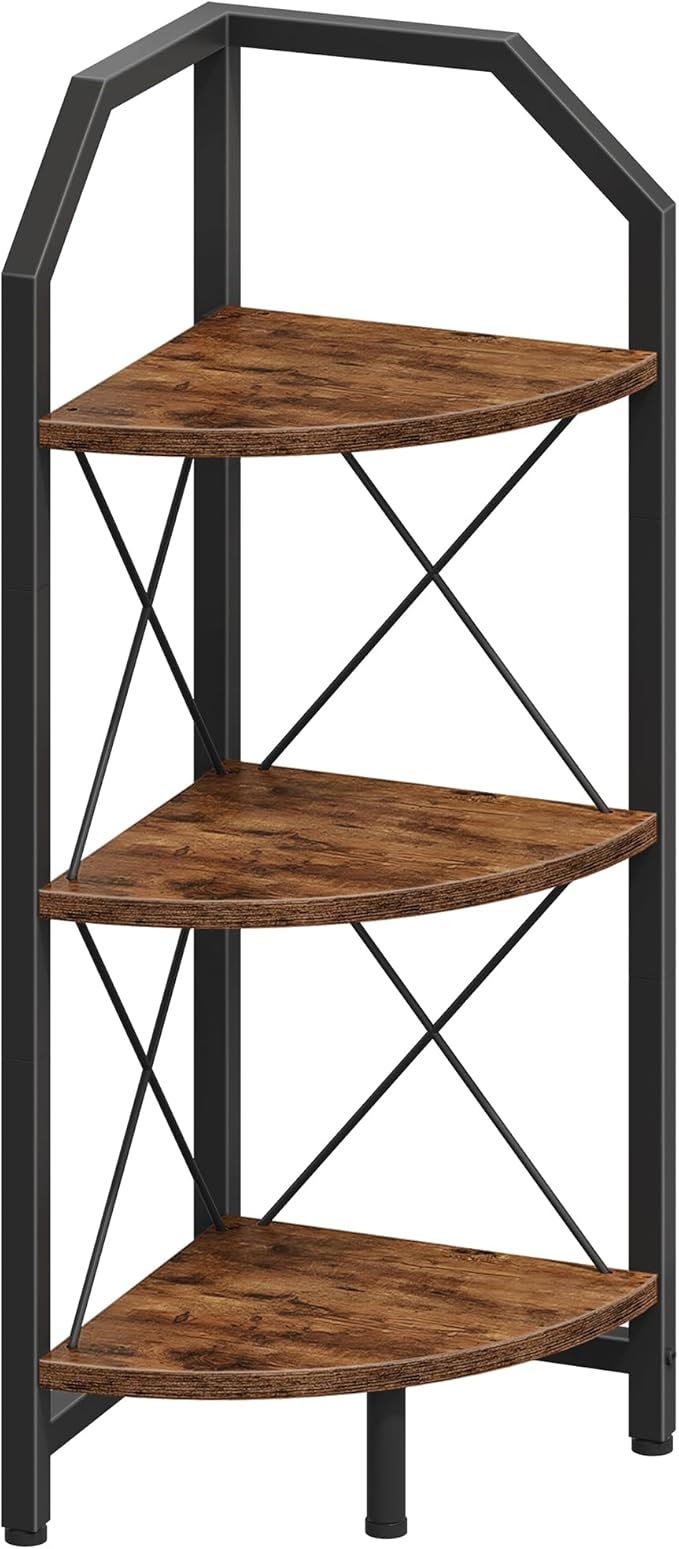 CHOEZON 3-Tier Corner Shelf, Industrial Corner Bookshelf, 35.4" Storage Stand, Plant Stand Display Shelf, Bookcase for Bedroom, Living Room, Home Office, Rustic Brown and Black TCJ03BF