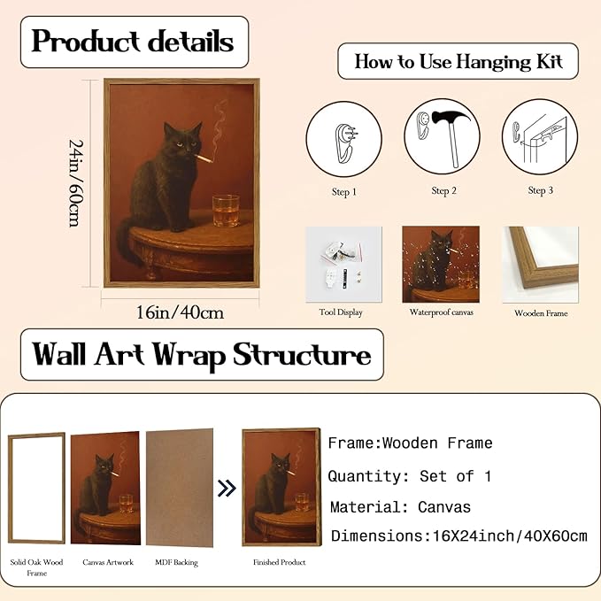 Framed Funny Black Cat Wall Art, Vintage Moody Cat Pictures Wall Decor, Humor Cool Animal Paintings Canvas Prints for Living Room Bedroom Bathroom Bar 16x24 inch