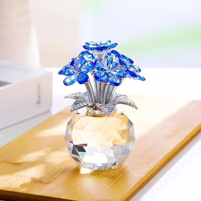 Qianwei Blue Forget Me Not Crystal Flowers - Sympathy Glass Flowers Collectible Figurines Decor Paperweight Ornament Home Office Table Desk Decorations