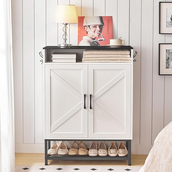 Shoe Storage Cabinet, Farmhouse Shoe Cabinet for Entryway, 6-Tier Shoe Organizer with Doors and Shelves, Narrow Hidden Freestanding Shoe Rack Cabinet for Entrance, White and Black SHHW9501