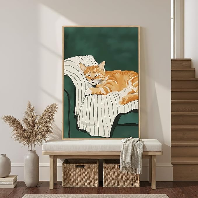 Framed Animal Wall Art for Bedroom Wall, Large Cozy Orange Tabby Cat Canvas Painting for Room Decor, Cute Pet Artwork for Walls, Relaxing Picture Print for Nursery Hallway Wall Decor, 24x36 Inch