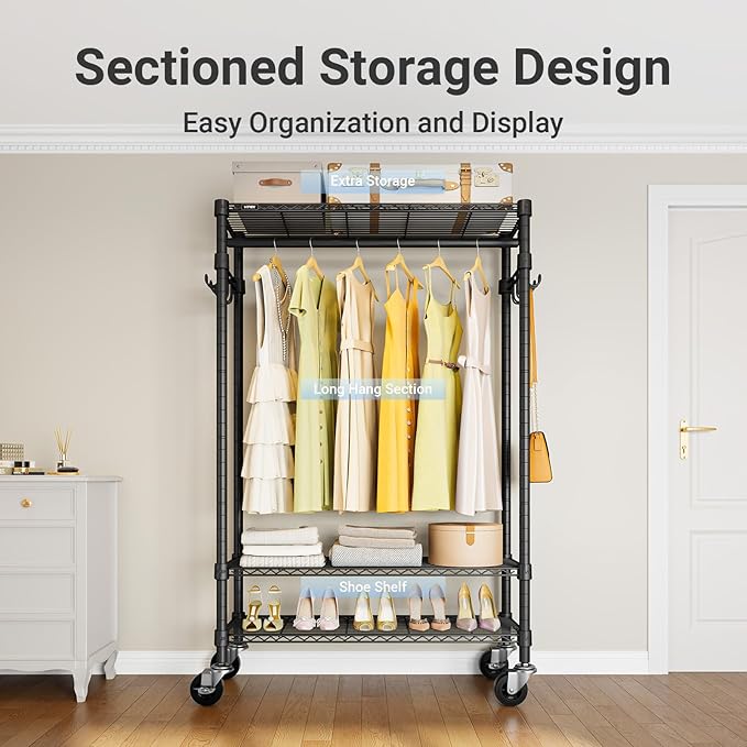 VIPEK R3 Heavy Duty Garment Rack with Lockable Wheels, Portable Rolling Closet with Adjustable Shelves & Hanging Rod & Side Hooks, Compact Space-Saving Storage for Small Apartments/Dorms (Black)