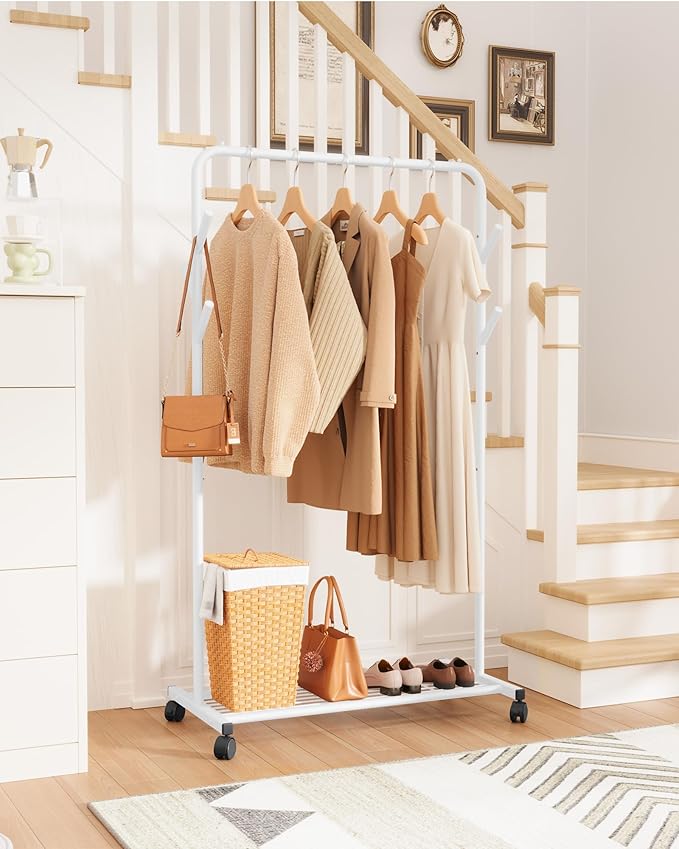 Clothes Rack - Metal Coat Rack with Bottom Shelf, Portable Wardrobe Rack with 6 Side Rods, Rolling Clothing Rack for Hanging Clothes for Bedroom or Laundry Room (White, 28.7 x 17 x 59.4)