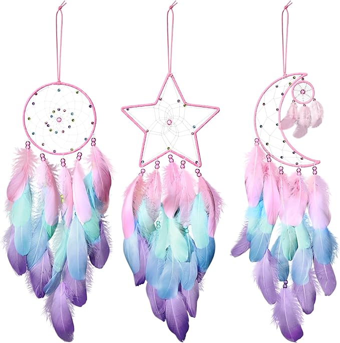 Jetec 3 Pcs Dream Catcher Moon Sun Star Design Handmade Traditional Design Craft Ornament Wall Art Hanging Home Decoration Bedroom Wedding(Macaron Color)