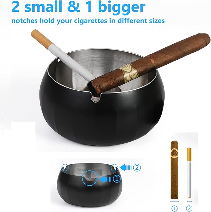 Ashtray for Cigarette JSVER Stainless Steel Ashtray, Smokeless Odorless Ash Tray with Lids, Tabletop Ashtrays For Home Office Outdoor Balcony (Black)