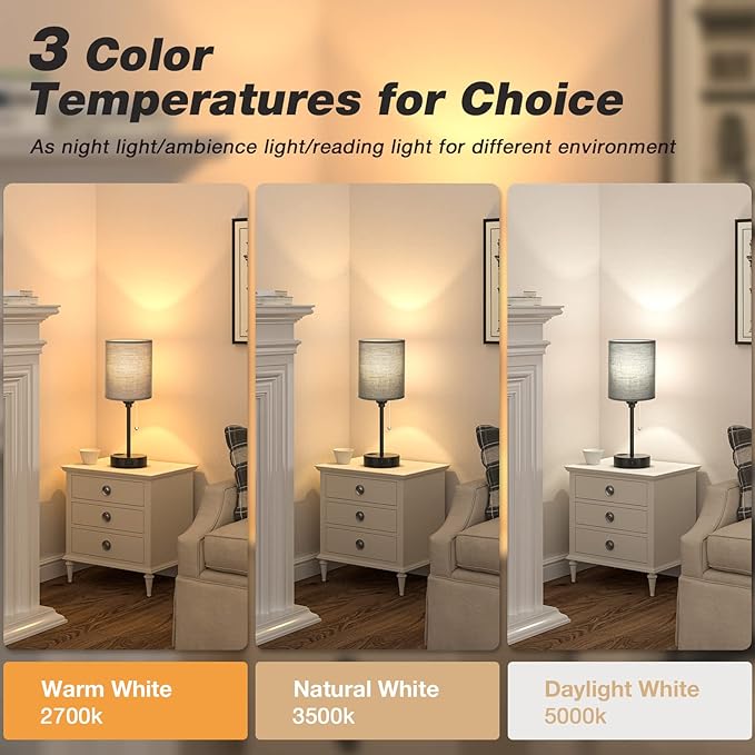 Dicoool Black Bedroom Lamp 3 Color Temperatures - Small Bedside Lamps with USB C and A Ports, Pull Chain Table Lamps with AC Outlet, Black Nightstand Light for Kids Sleeping
