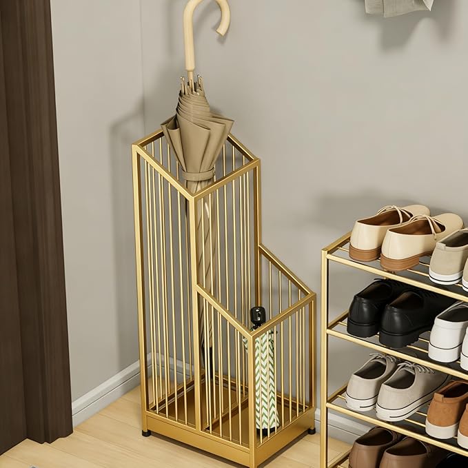 Indoor Gold Umbrella Stand with Drip Tray, Minimalist Luxury Design, Stylish Gold Umbrella Holder for Entryway, Living Room, Hotel, Easy to Clean & Space-Saving