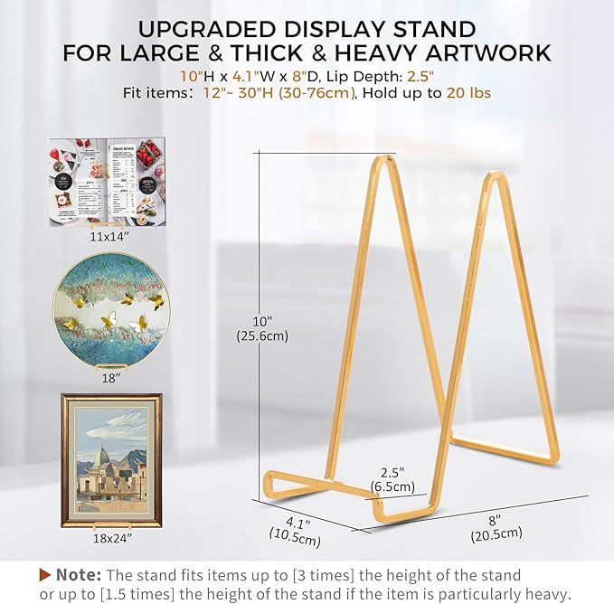 Large Plate Holder Display Stand - 10 inch Tall Plate Stands for Display - Metal Picture Frame Stand - Big Tabletop Easel Stand for Decorative Plates | Platter | Book | Plaque | Tile - 3 Pack - Gold