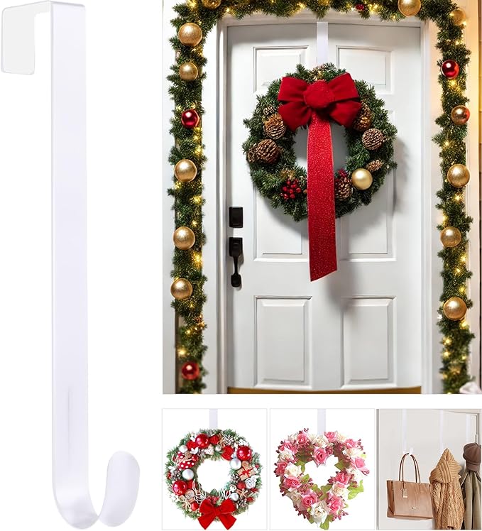 12" Metal Wreath Hanger for Front Door, Non-Scratch, 1 Pack White Wreath Hanger Heavy Duty, Over-the-Door Hooks for Hanging Welcome Sign, Wreath Holder for Easter, Halloween, Christmas Decorations