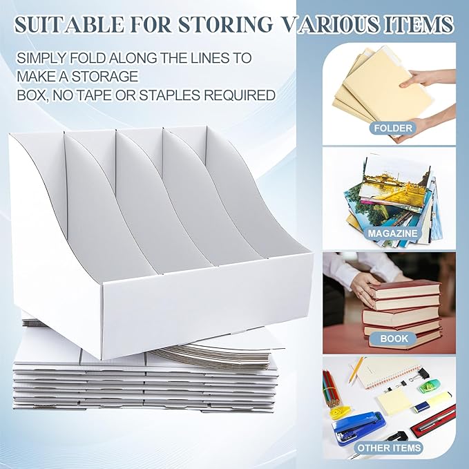 3 Pack Cardboard Magazine File Holders 12 Grids Vertical Book Bins 10.6'' x 10.2'' x 14'' Magazine Document Storage Box for Desk Shelves Home Office Classroom Library Use (White)