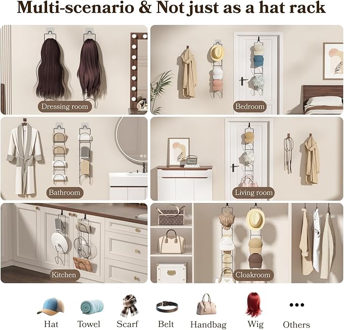 18 Pack Over The Door Hat Organizer for baseball caps | Multi-Functional Baseball Hat Rack for Closet | Wall Mounted Hat s torage organizer | 5 types of accessories cap holder stand w hooks ,Black