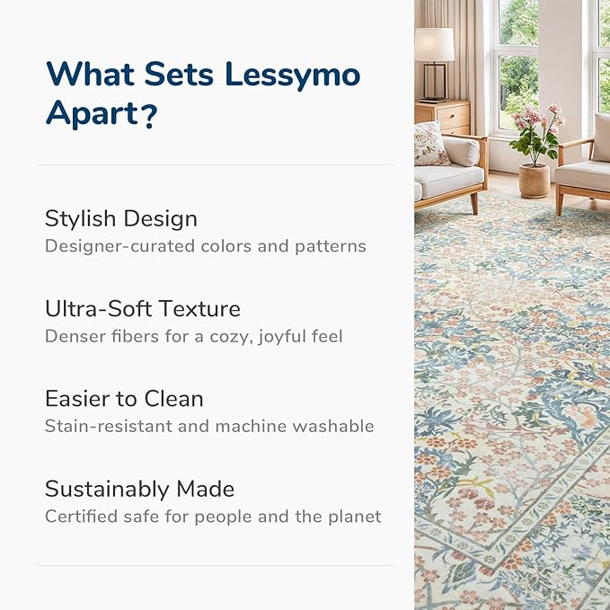 Lessymo 6x9 Area Rugs for Living Room, Washable Non Slip Rug for Kids Room, Bedroom, Nursery Room, Dining Room, Neutral Vintage Flower Decor & Stain Resistance, Beige Brown