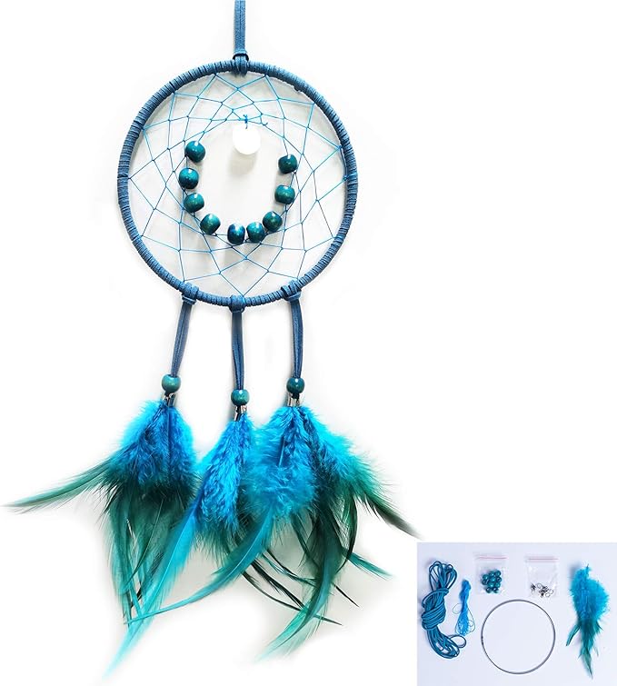 DIY Dream Catcher Beginner Kit, Making Dream Catcher Supplies Include Metal Hoop, Feathers, Faux Suede Cord, Thread, Wood Beads (Indigo)