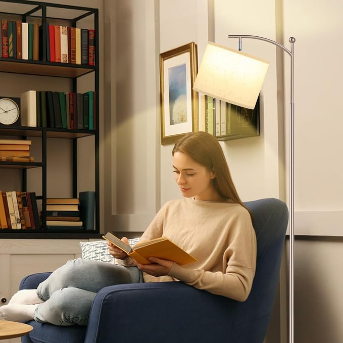 Ambimall 60" Floor Lamp for Living Room with 3 Color Temperatures, Adjustable Beige Shade with Light Gold Pole, Tall Lamp for Bedroom Office Classroom Dorm Room, 9W Bulb Included