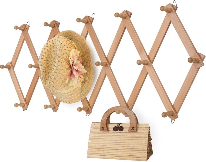 Wall Rack with 16 Hooks, Wooden Wall Expandable Coat Rack for Coat, Hats, Baseball Caps, Coffee Mug, Jewelry(Natural)