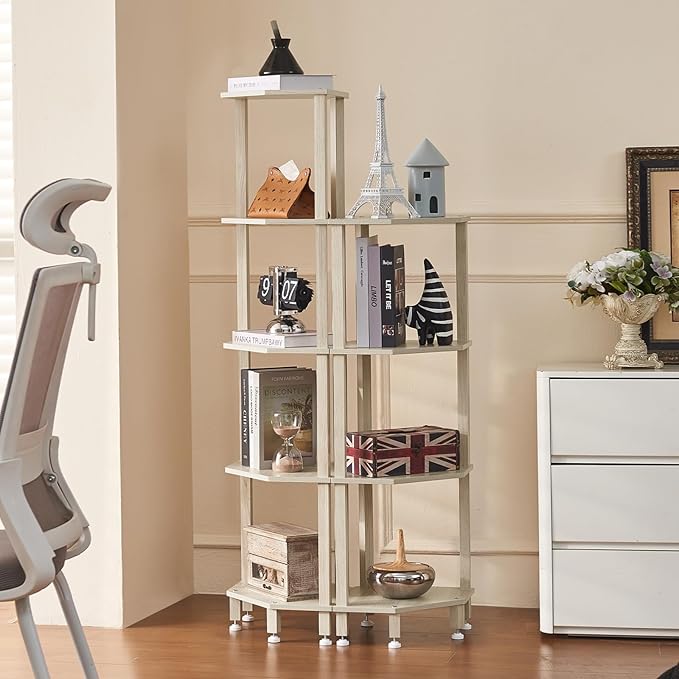 YUFAM 4-Tier Corner Shelf with Sturdy 5-Leg Base, Wooden Corner Bookshelf for Small Spaces, Corner Standing Shelf for Living Room, Bedroom, Office, Grey White
