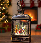 Christmas Snow Globe Lantern Water Glittering Town Home with Carolers, Music & Timer, USB Lined/Battery Operated Lighted Lantern for Christmas Festival Decoration Gifts