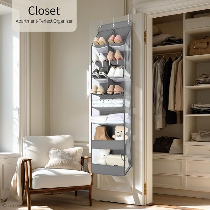 Yecaye Over the Door Shoe Organizer Hanging with Large Pockets, 8 Tier Back of Door Storage for Nursery, Closet and Bathroom, Partition Behind Door Organizers Shelf with Baby Clothes (1 Pack, Grey)