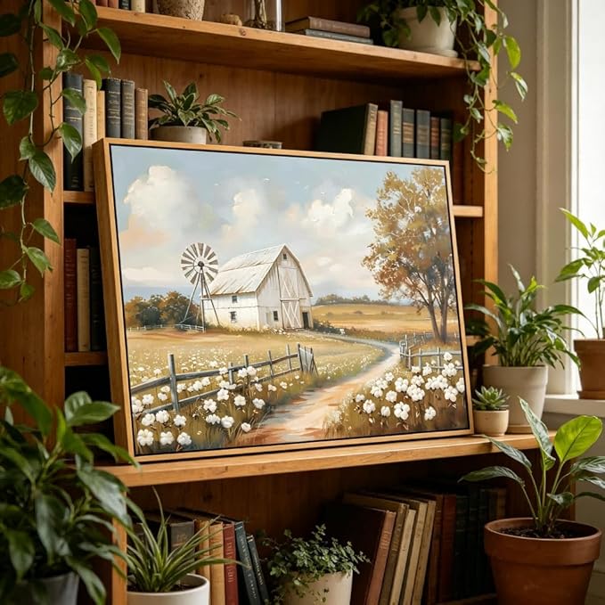 Framed Barn Canvas Wall Art Farmhouse Rustic Decor Pictures Farm Windmill Countryside Nature Field Meadow Flower Posters Prints for Home Decoration Bathroom Bedroom Living Room Decoration