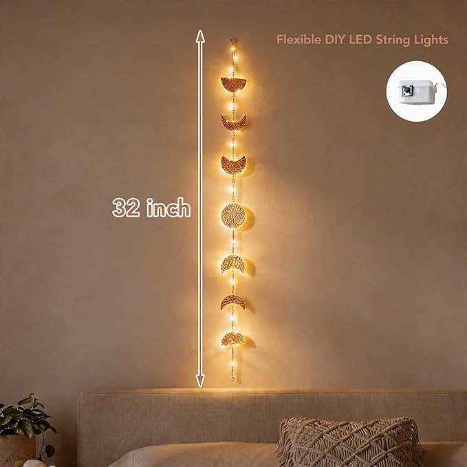 opulinea 32 Inch Hammered Rose Gold Moon Phase Metal Wall Decor with LED String Lights, Celestial Hanging Wall Sculpture, Boho Lunar Wall Art for Bedroom, Living Room, Bathroom, Apartment