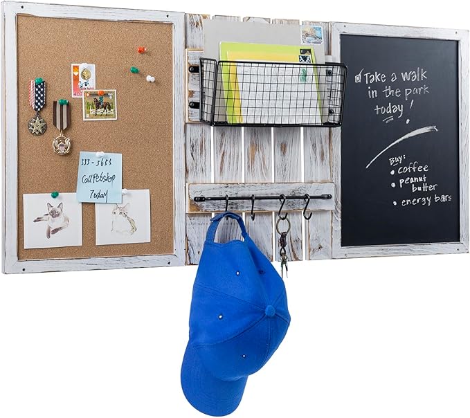 MyGift 3 Panel Wall Mounted Entryway Bulletin Board Combo Set with Shabby White Washed Solid Wood Frame, Chalkboard, Cork Board, Black Metal Mail Basket, and Hanging Rail