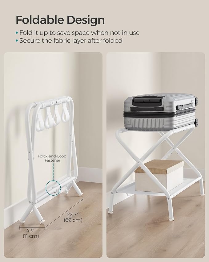 SONGMICS Luggage Racks, Set of 2, Suitcase Stand with Fabric Storage Shelf, for Guest Room, Bedroom, Hotel, Foldable, Holds up to 110 lb, 27.2 x 15 x 20.5 Inches, Cloud White RLR002W02