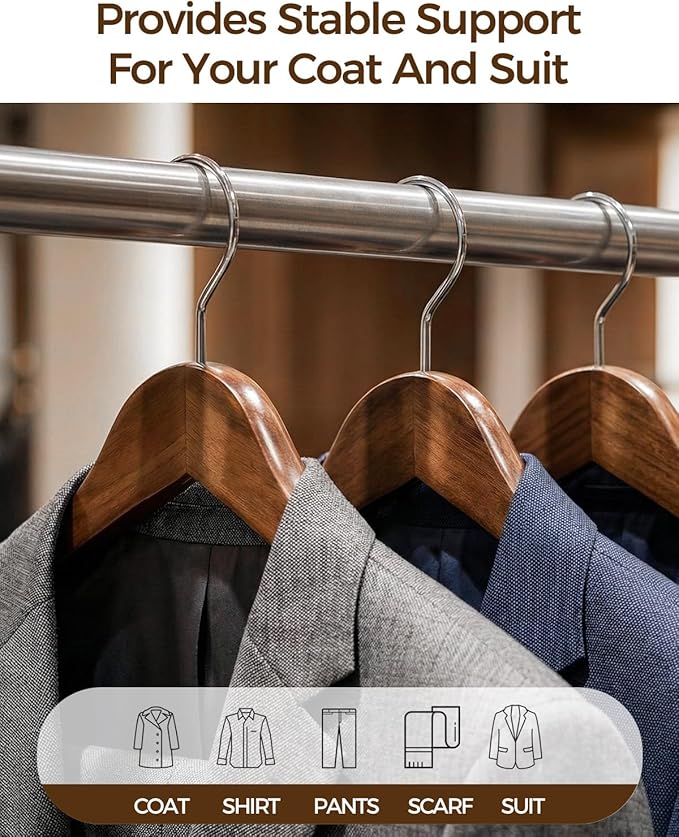 Premium Wooden Hangers 6-Pack – Wide Shoulder Non-Slip Design for Coats, Jackets & Suits | 360° Rotating Closet Organizers | Durable & Space-Saving (Vintage Wood)