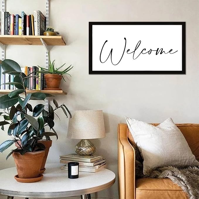 Rustic Chic Style 12x22in Farmhouse Wood Sign with Encouragement Quote Welcome Family Lettering Black Frame Wooden Plaque for Washroom Farmhouse Porch Cottage Wall Decor Birthday Housewarming Gift