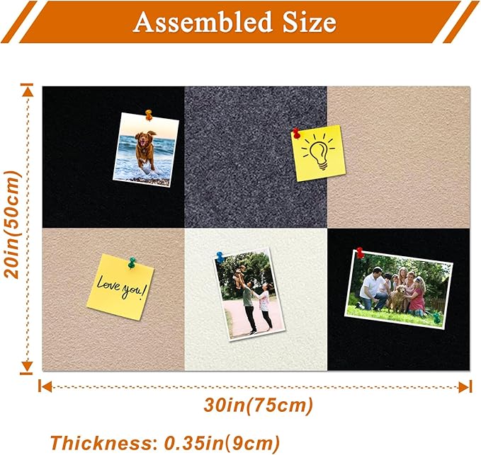 Square Felt Cork Bulletin Board Tiles, Self Adhesive DIY Felt Pin Board for Wall 30" x 20" with 35 Pushpins for Office School Home Wall Decor Stickers Memos Photos Display (Gradual Grey& Camel)