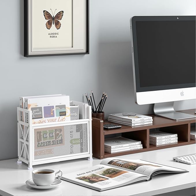 Magazine Rack & Holder – Multi-Purpose Storage Organizer for Magazines, Books, Newspapers, Mail, Tablets | Sturdy White Basket for Home, Office, Bathroom | Sleek Design & Easy Assembly