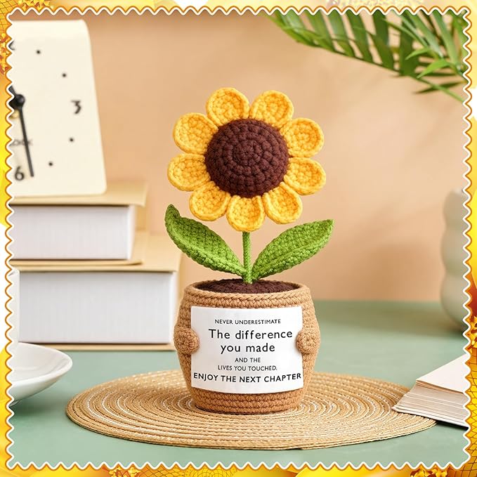 Wavwavw Coworker Leaving Gifts for Women Men, Positive Flower Doll Crochet with Card Funny Farewell Going Away Goodbye Gifts for Coworkers Employee Teacher Friends Retirement(Stylish Style)
