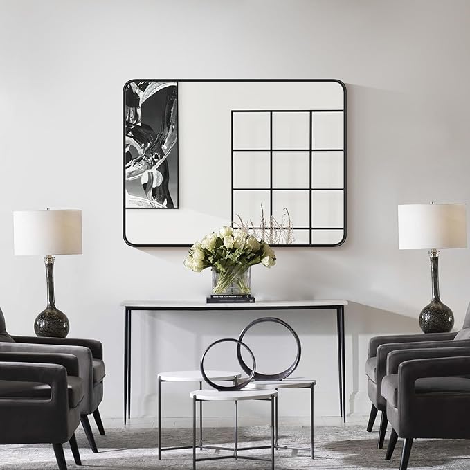 Bathroom Mirror for Wall, 40x30 Inch Rectangle Mirror, Matte Black Metal Framed Bathroom Vanity Mirror for Restroom Farmhouse, Anti-Rust, Tempered Glass, Horizontally or Vertically Hanging