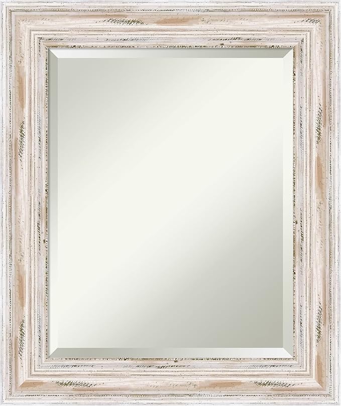 Amanti Art White Wall Mirror 25x21 Alexandria White Wash Rectangle Bathroom Mirror for Wall Decor Living Room, Small Cottage Wood Frame, Hangs Horizonally and Vertically, Bathroom Decor, Beveled Edge