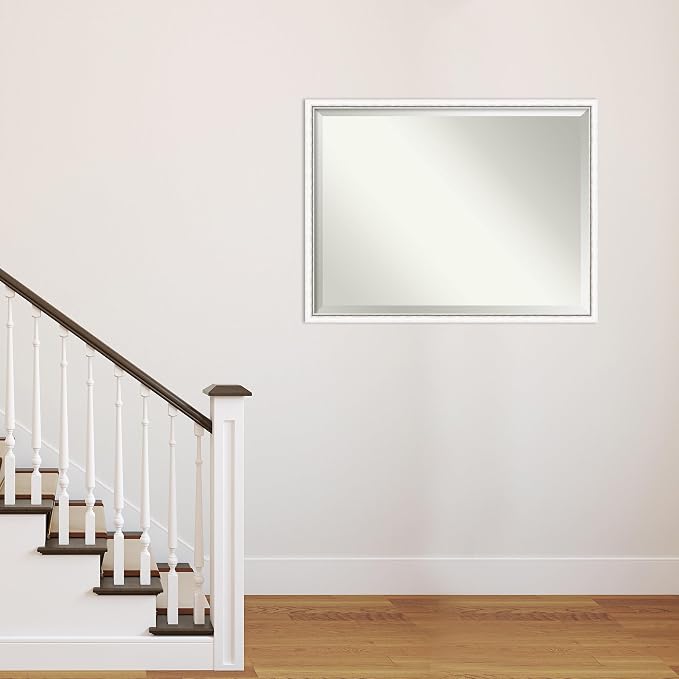 Amanti Art White Wall Mirror 32x42 Morgan White Silver Rectangle Bathroom Mirror for Wall Decor Living Room, X-Large Modern Wood Frame, Hangs Horizonally and Vertically, Bathroom Decor, Beveled Edge