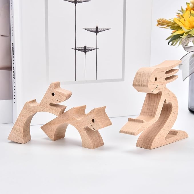 ISHINE Wood Decor Wooden Statue Man and Dog Figurine Handmade Carved Creative Home Office Gift for Men Women Accents Decoration Natural ECO Friendly 7x3 inches (Woman & Dogs Embrace)